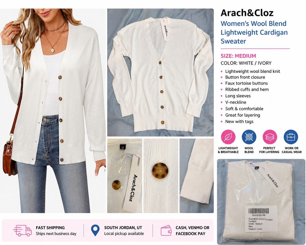 Arach&Cloz Women’s White Button Front Lightweight Cardigan Sweater Medium NWT